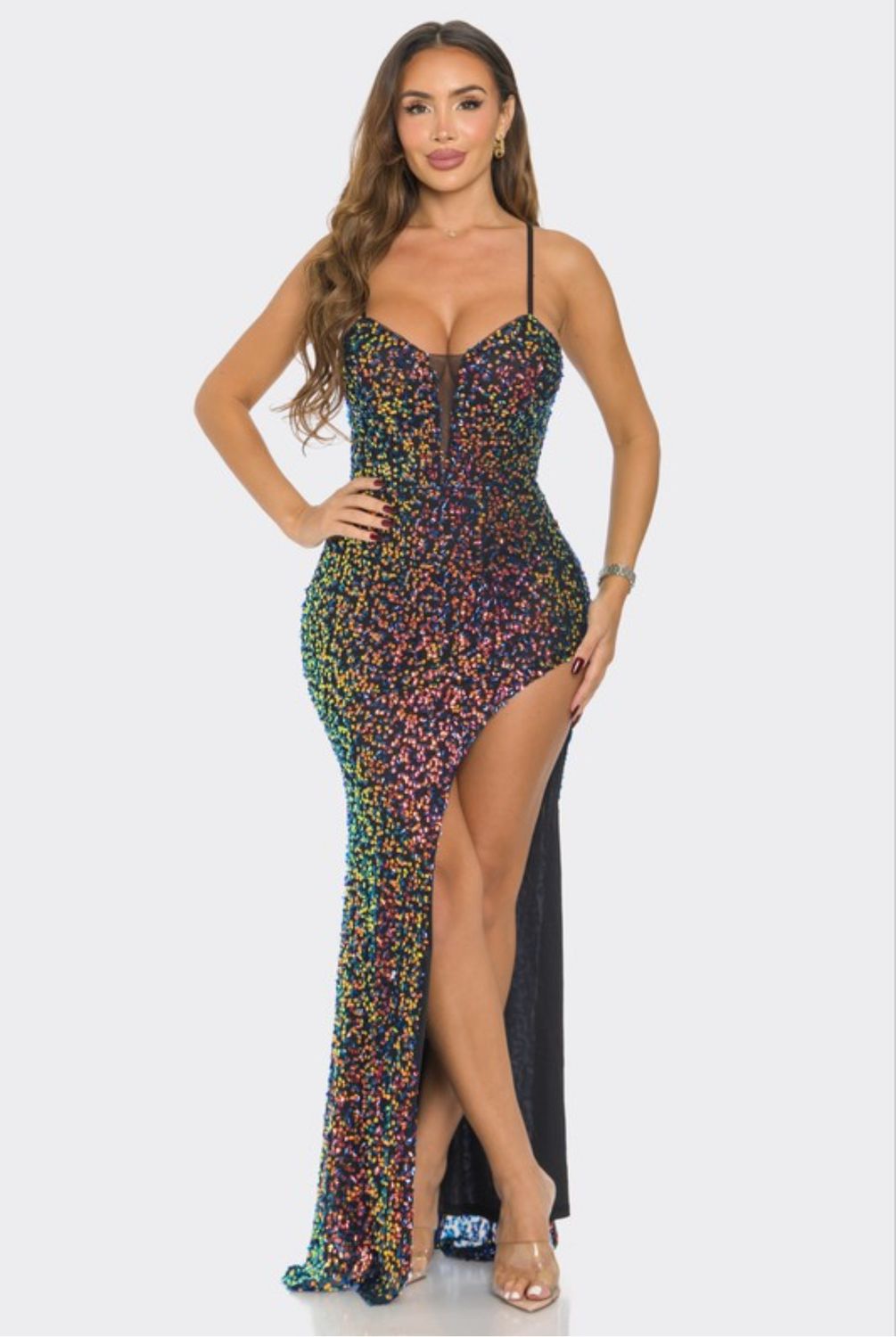 SEQUIN HIGH SLIT MAXI DRESS