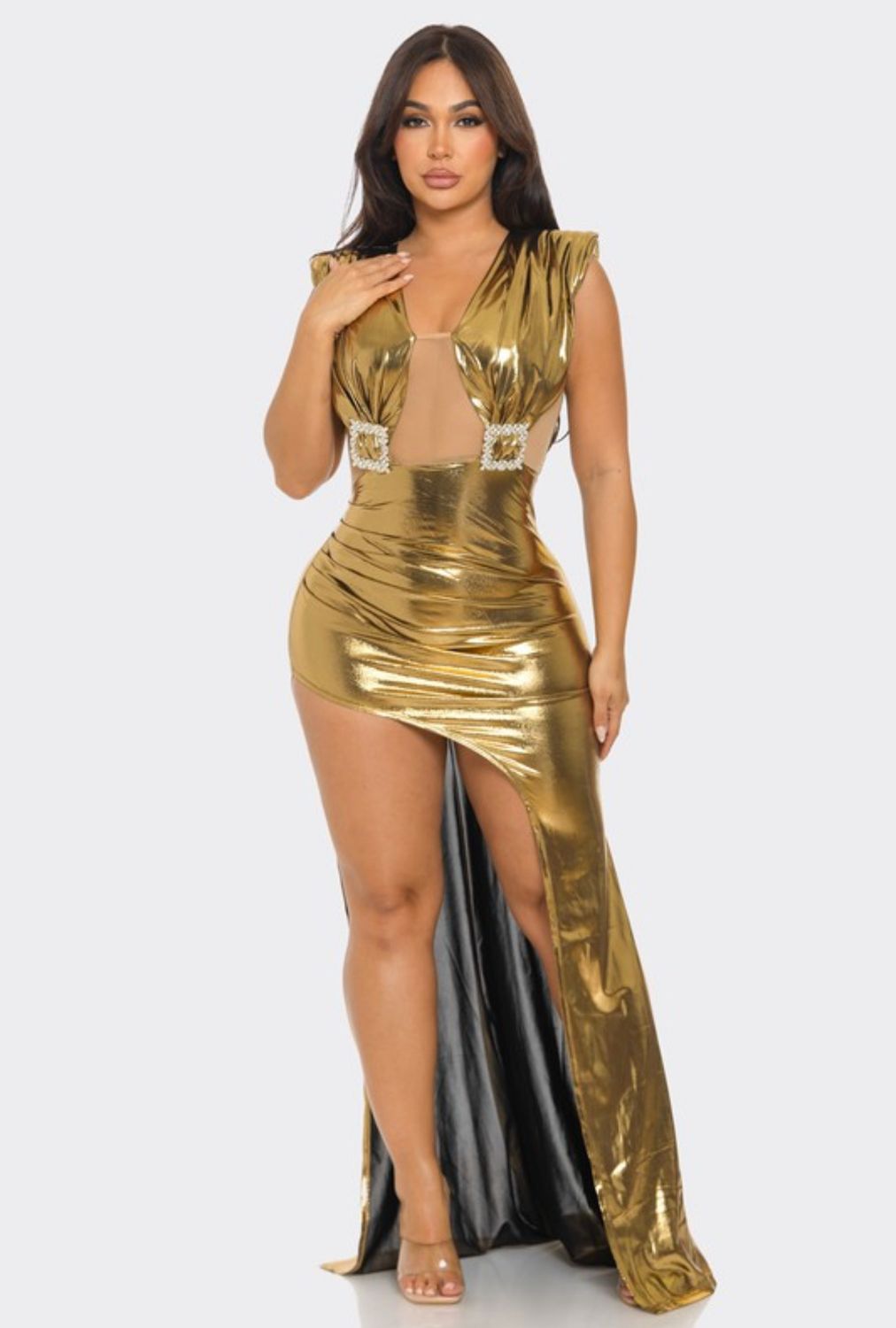 SHINY METALLIC FRONT CUT OUT MAXI DRESS