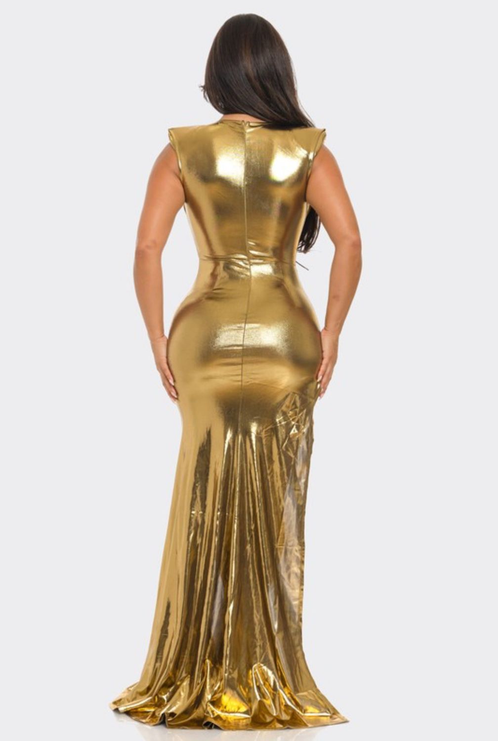 SHINY METALLIC FRONT CUT OUT MAXI DRESS
