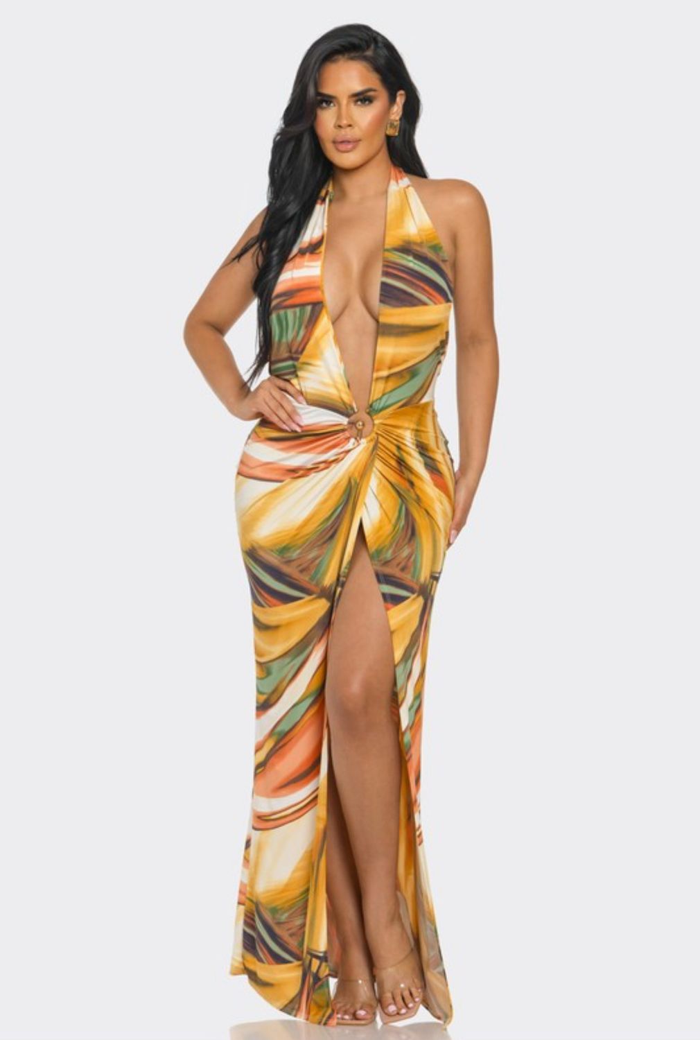 HALTER NECK MAXI DRESS WITH SLIT FRONT