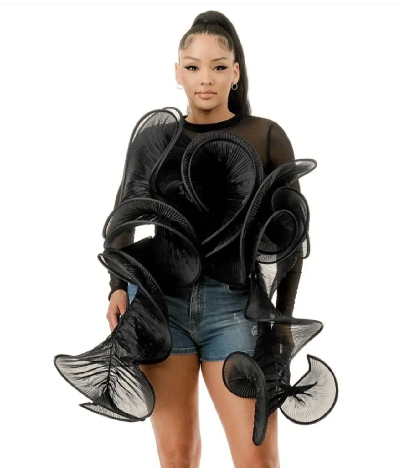 Detachable Swirl And Long Sleeve Mesh Top Set