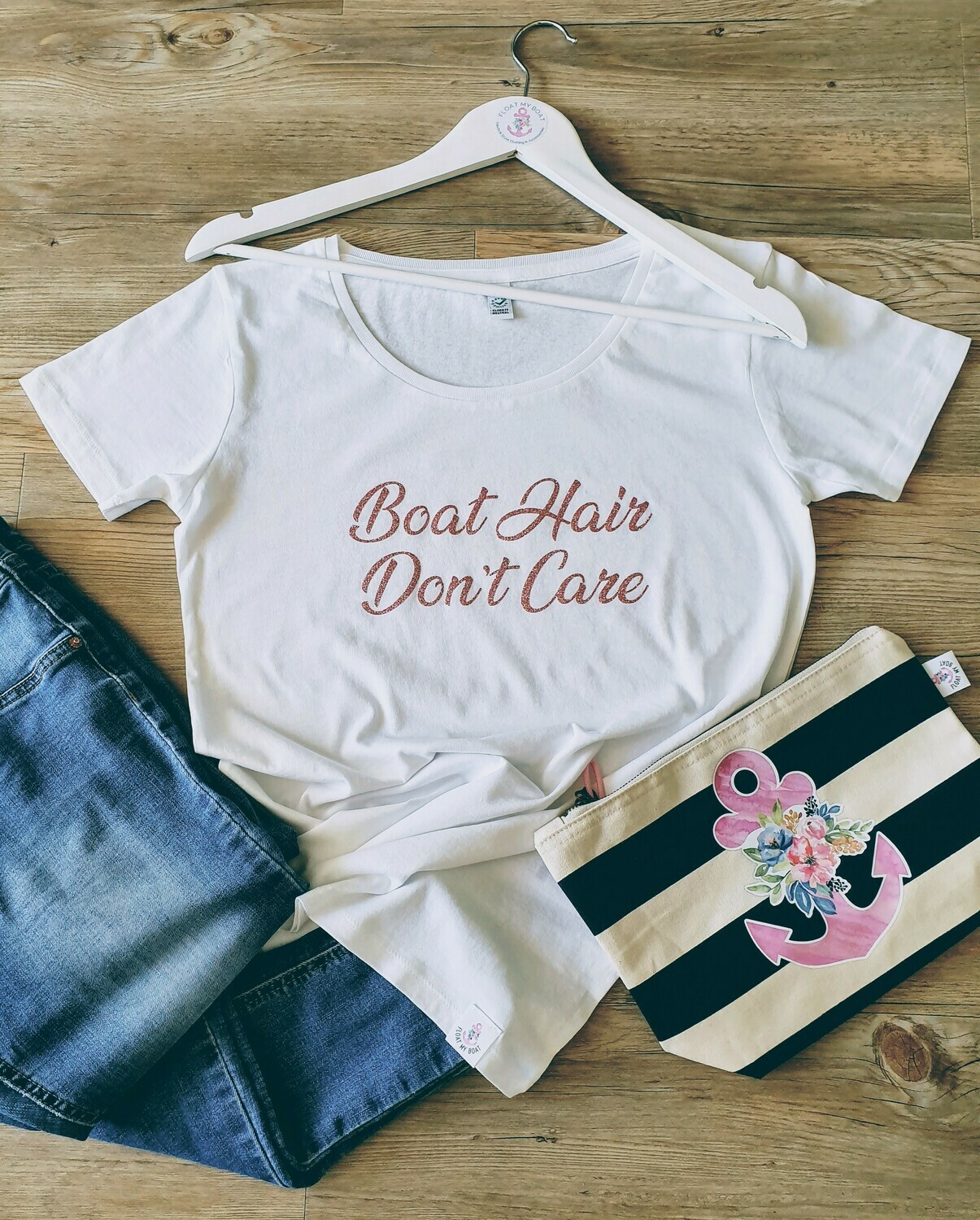Rose Gold Glitter &quot;Boat Hair Don&#39;t Care&quot; Tee