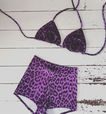 Leopard Print Bikini Triangle Top High Waist Shorts Purple