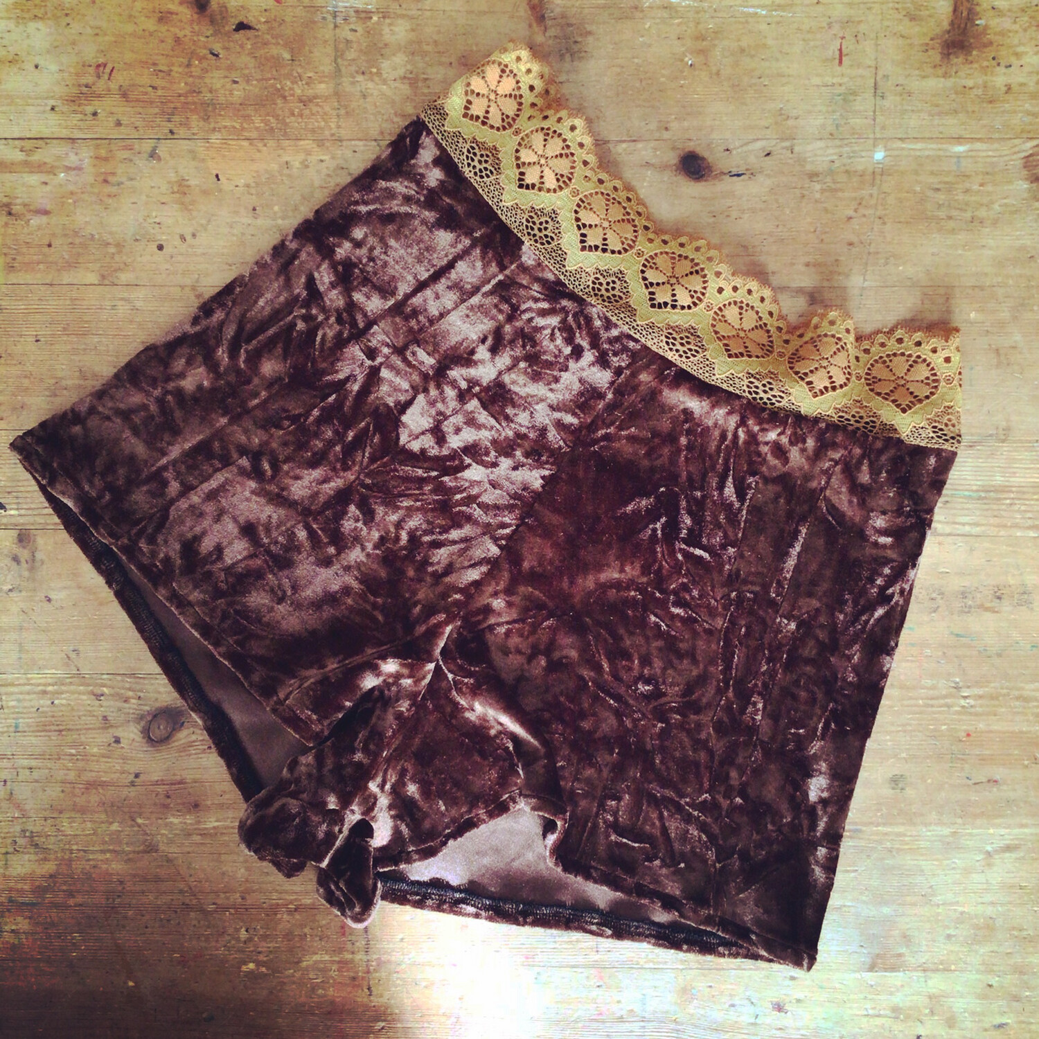 Brown Velvet And Lace Panty Shorts