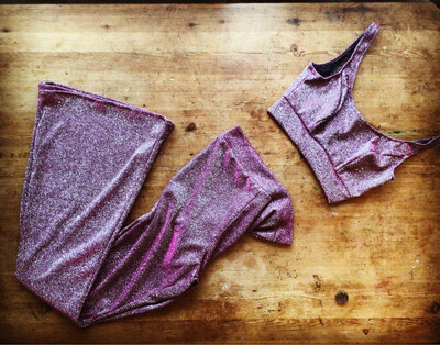 Pink/lilac Glitter flared Pants And Crop Top