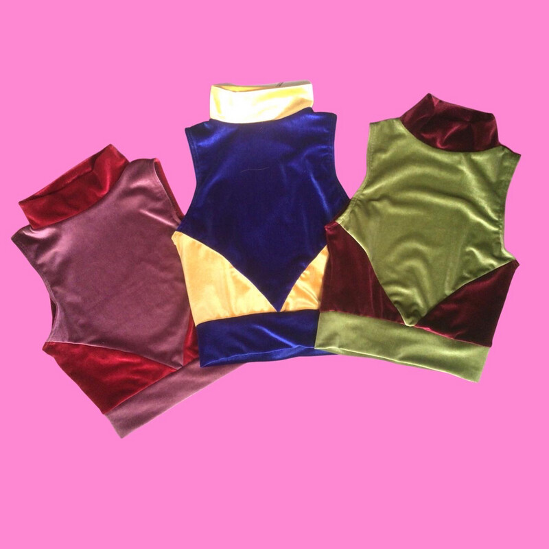 High Neck Velvet Crop Top Keyhole Back