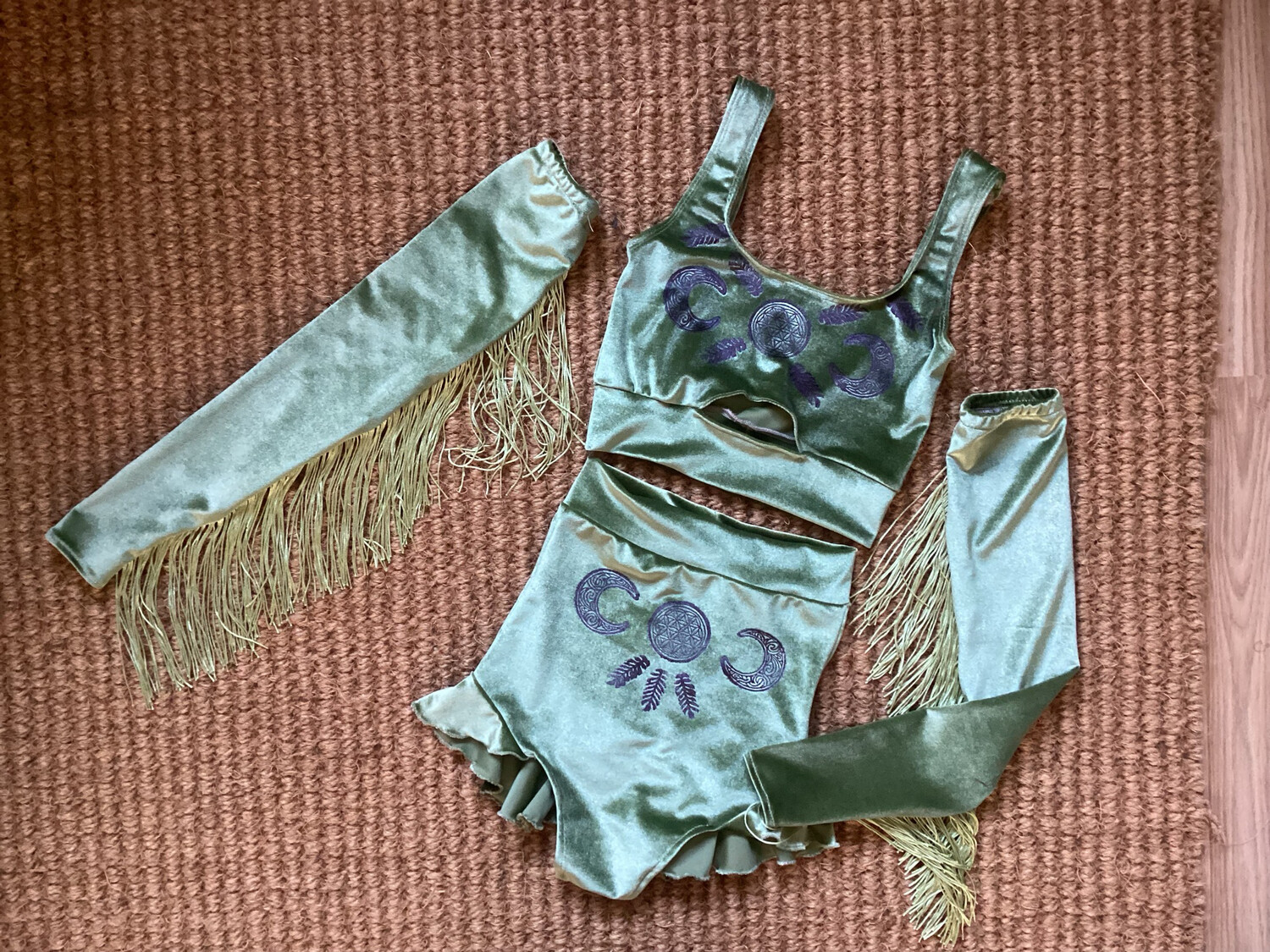 Fringed Sleeves Velvet Shorts And Bralette Boho Set