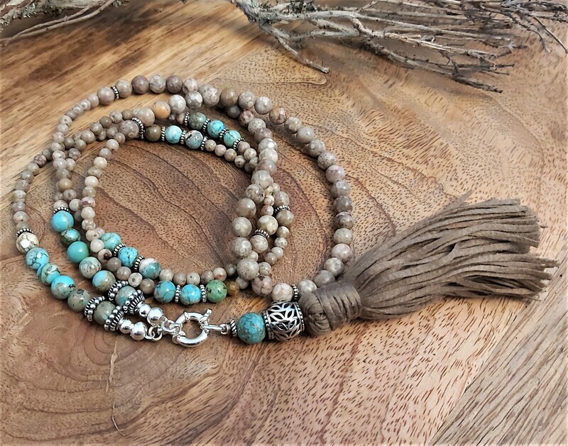 LOU - Edelsteinkette - Sterling Silber - beige-türkis