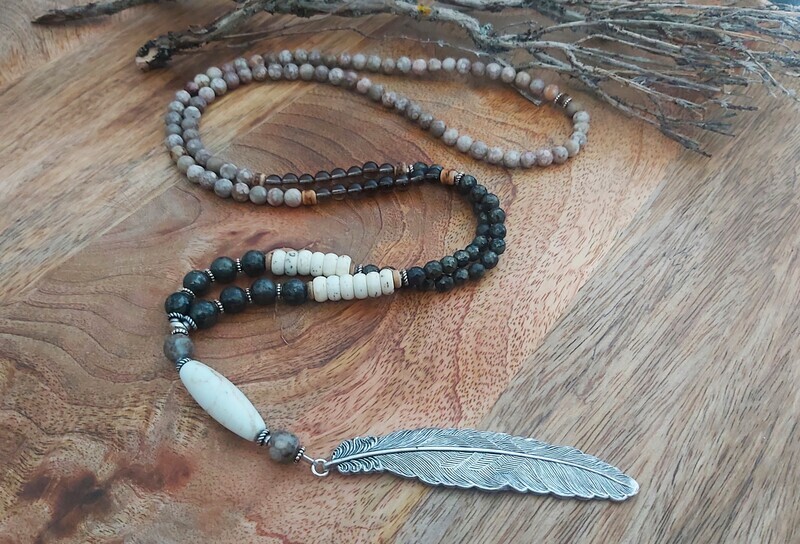 NAIRA - Edelsteinkette - Sterling Silber - braun-écru-graugrün