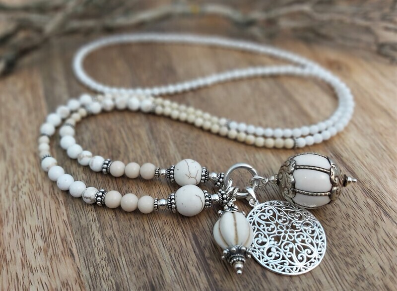 HIPPIE - Edelsteinkette - Sterling Silber - écru-weiss