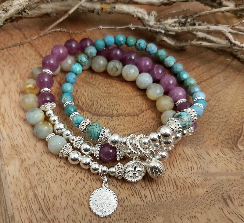 MIRA: Edelsteinarmbänder - türkis-violette-grüngelb - Silber