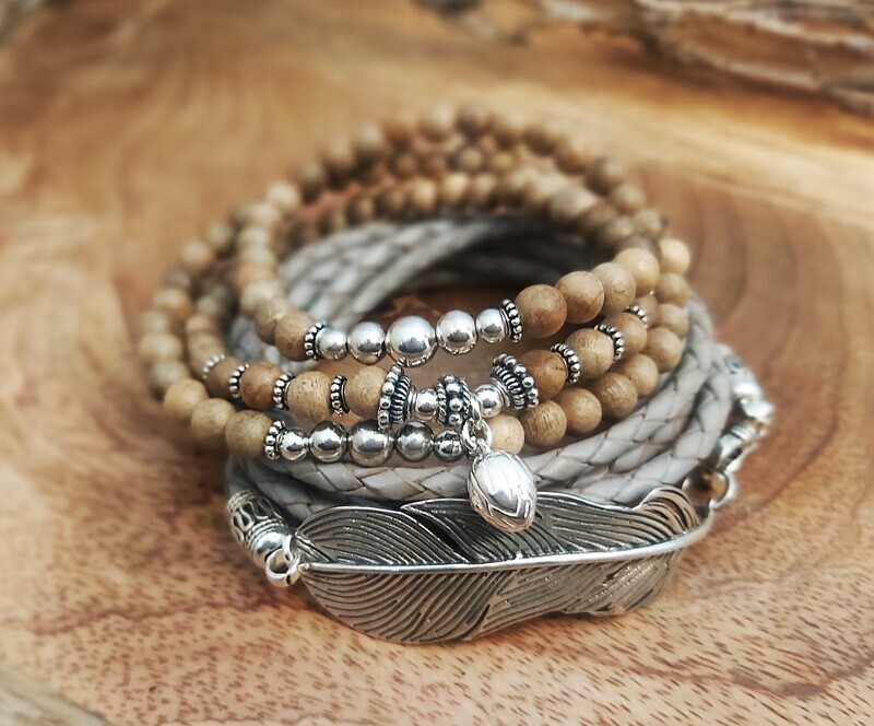 WOOD - Kombiarmband - Sterling Silber - braun-hellgrau