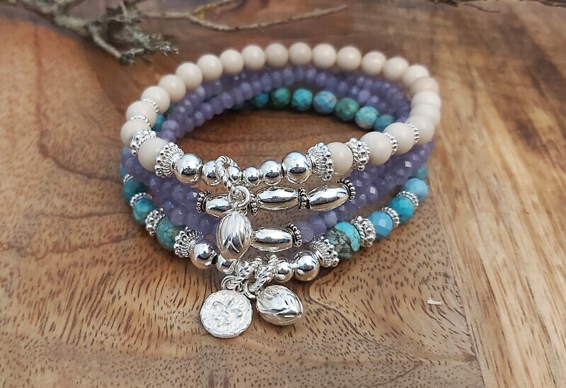 EVA - Edelsteinarmband - Sterling Silber - türkis-lila-écru