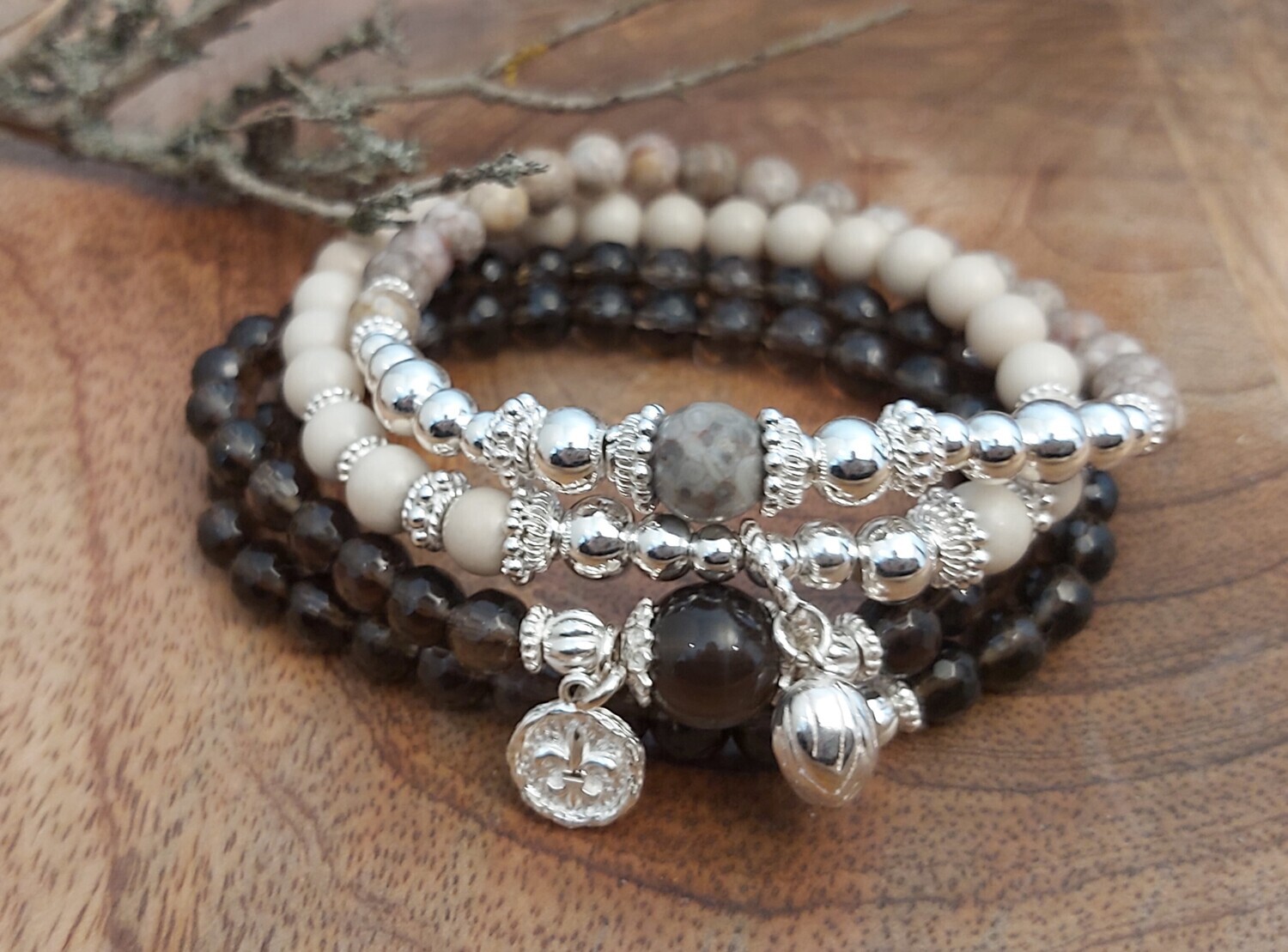EVA - Edelsteinarmband - Sterling Silber - braun-beige-écru