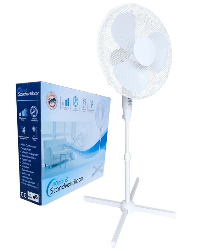 Standventilator 40 cm Durchmesser weiß-oszillierend + 3 Geschwindigkeiten einstellbare Höhe/Verstellbarer Neigungswinkel Ventilator Standventilator 40 cm Durchmesser weiß-oszillierend + 3 Geschwindigkeiten einstellbare Höhe/Verstellbarer Neigungswinkel Ventilator