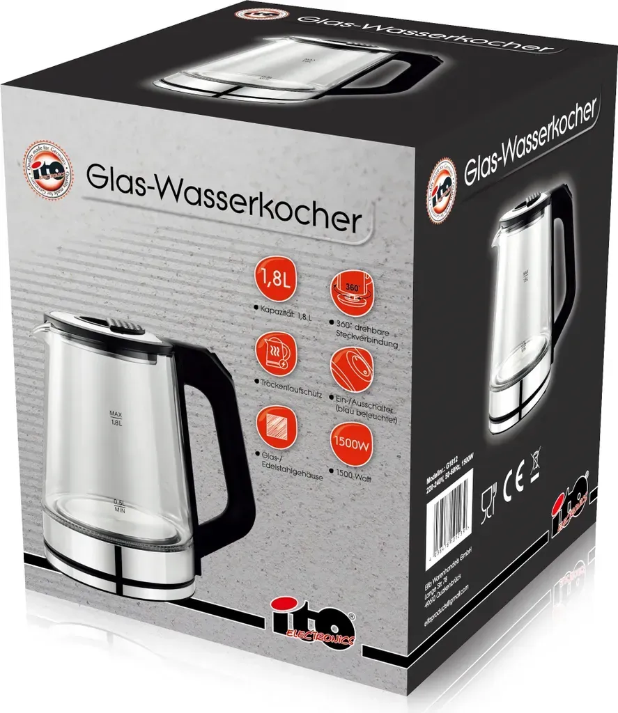 elektrischer Wasserkocher aus Glas und Edelstahl 1,8L Glas-Wasserkocher mit LED-Beleuchtung, und drehbareren Sockel 360°