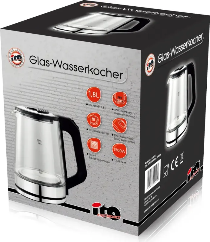 elektrischer Wasserkocher aus Glas und Edelstahl 1,8L Glas-Wasserkocher mit LED-Beleuchtung, und drehbareren Sockel 360° elektrischer Wasserkocher aus Glas und Edelstahl 1,8L Glas-Wasserkocher mit LED-Beleuchtung, und drehbareren Sockel 360°