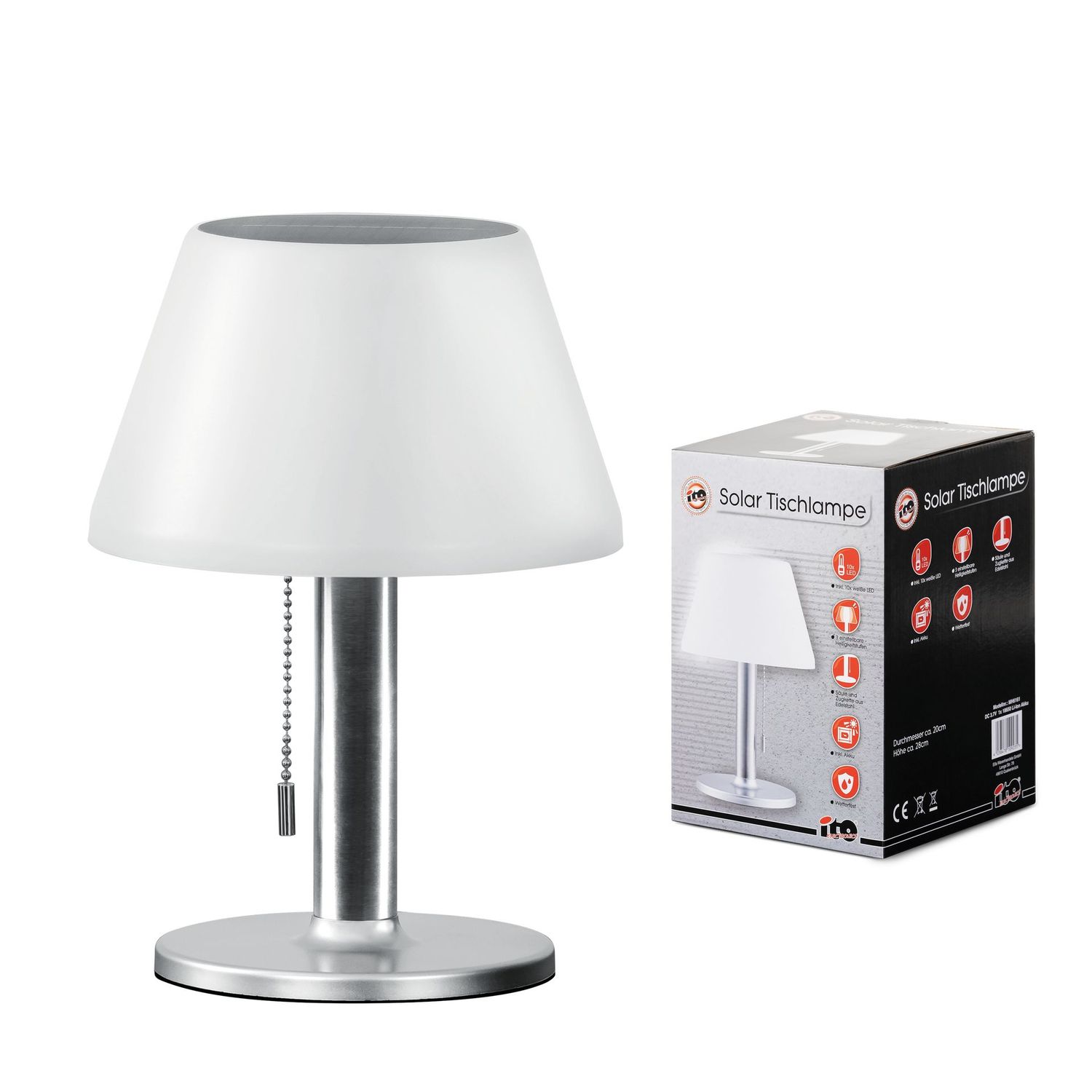 ito electronics Solar Tischlampe Indoor Outdoor 3 Stufen | 4-8 Stunden Leuchtdauer | Warmweißes LED-Licht silber