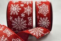 38mm Woven wired edge natural feel ribbon with a Chilly White printed Snowflake design - x 1m