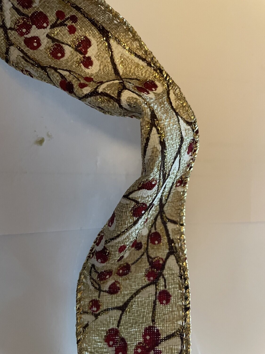 38mm Woven wired edge natural feel ribbon with Holly Berries printed design - x 1m
