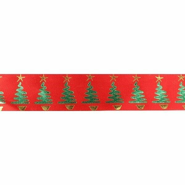 36mm Metallic Christmas Tree Ribbon On Red - X 1m 36mm Metallic Christmas Tree Ribbon On Red - X 1m