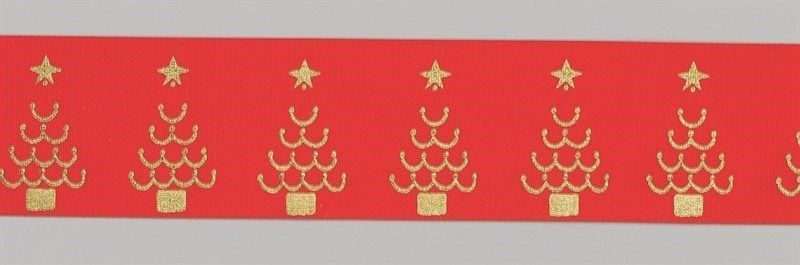 36mm Red/Gold Christmas Trees Ribbon - X 1m