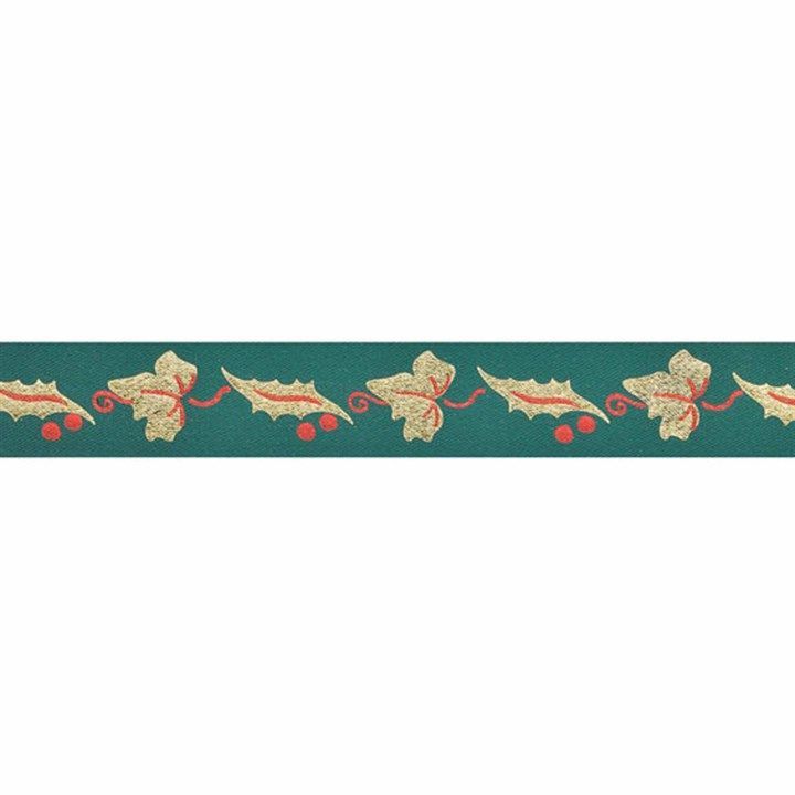 24mm Green/Gold Holly and Ivy Leaves Ribbon x1m