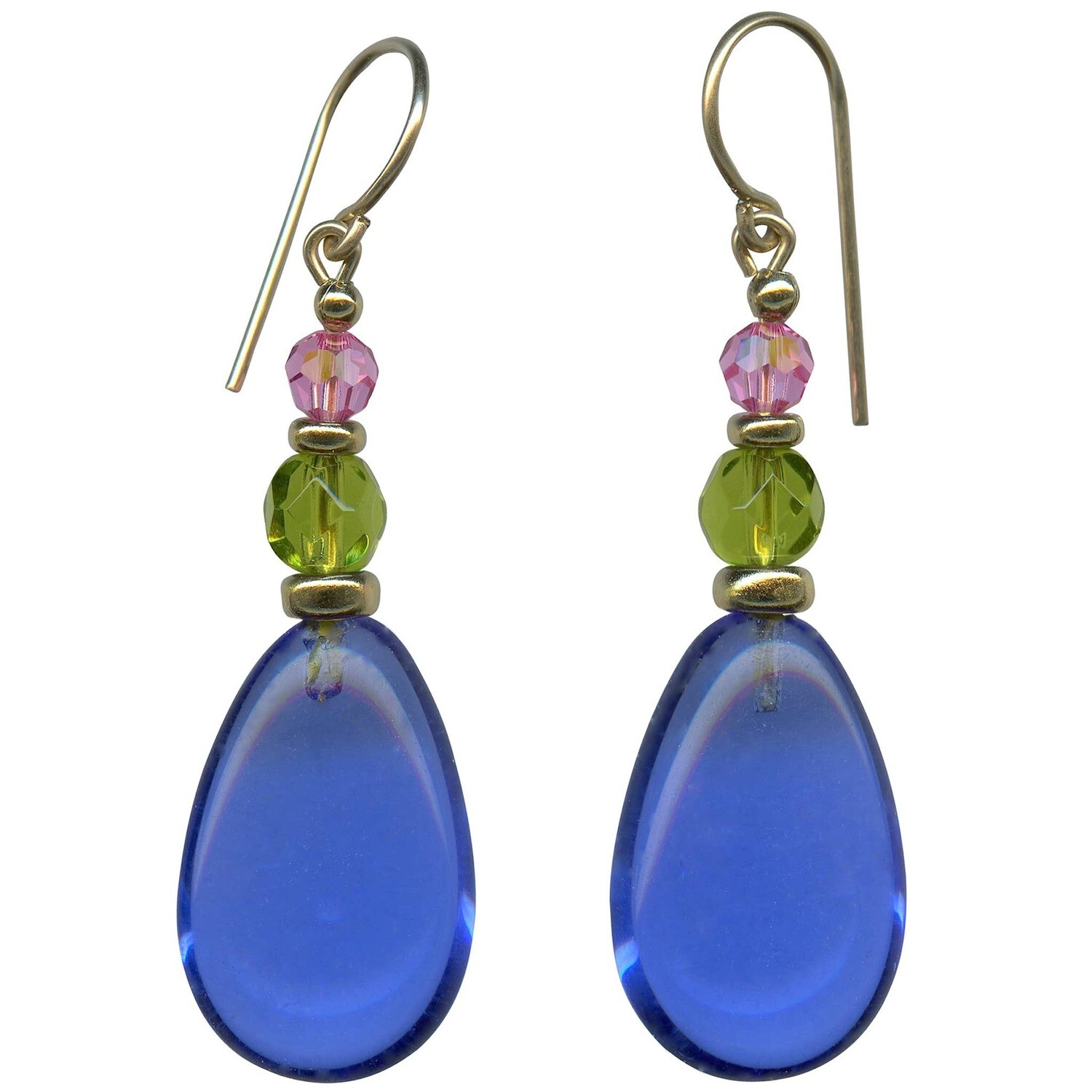 875 - SAPPHIRE GLASS EARRINGS, GREEN &amp; PINK ACCENTS, GOLD