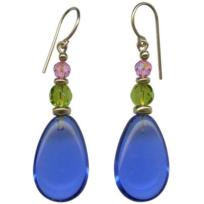 875 - SAPPHIRE GLASS EARRINGS, GREEN & PINK ACCENTS, GOLD