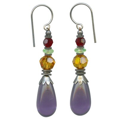 485 - AMETHYST DROP EARRINGS, GLASS AND CRYSTAL