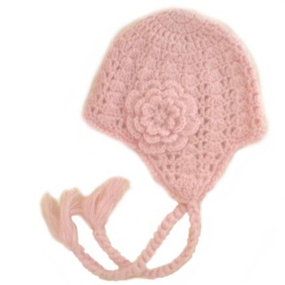 Pink Lacy Flowered Earflap Beanie - Large