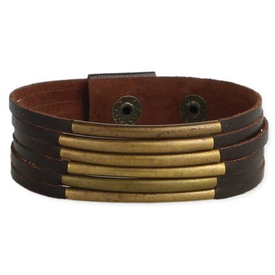 5 Line Brown Leather & Gold Bars Bracelet