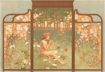 Found Image - MS-192 Art Nouveau Screen with Faun Playing Pipes Art Print