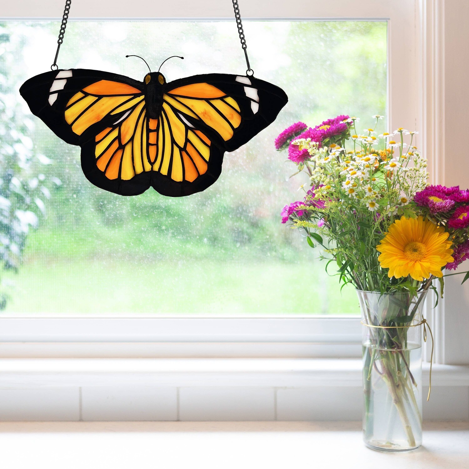 Yellow &amp; Orange Butterfly Stained Glass Window Panel