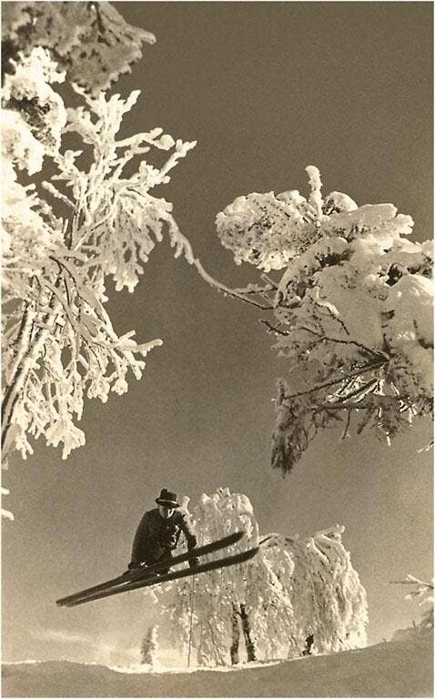 Found Image - WS-87 Airborne Skier Amid Frost-Laden Trees Art Print