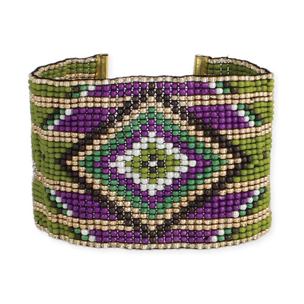 Green &amp; Purple Bead Diamond Cuff Bracelet