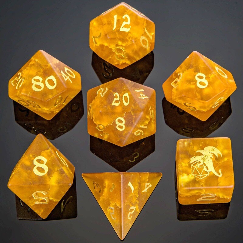 BRB023 Dragon&#39;s Horde Gem Stone Polyhedral Dice Set - Frosted Amber