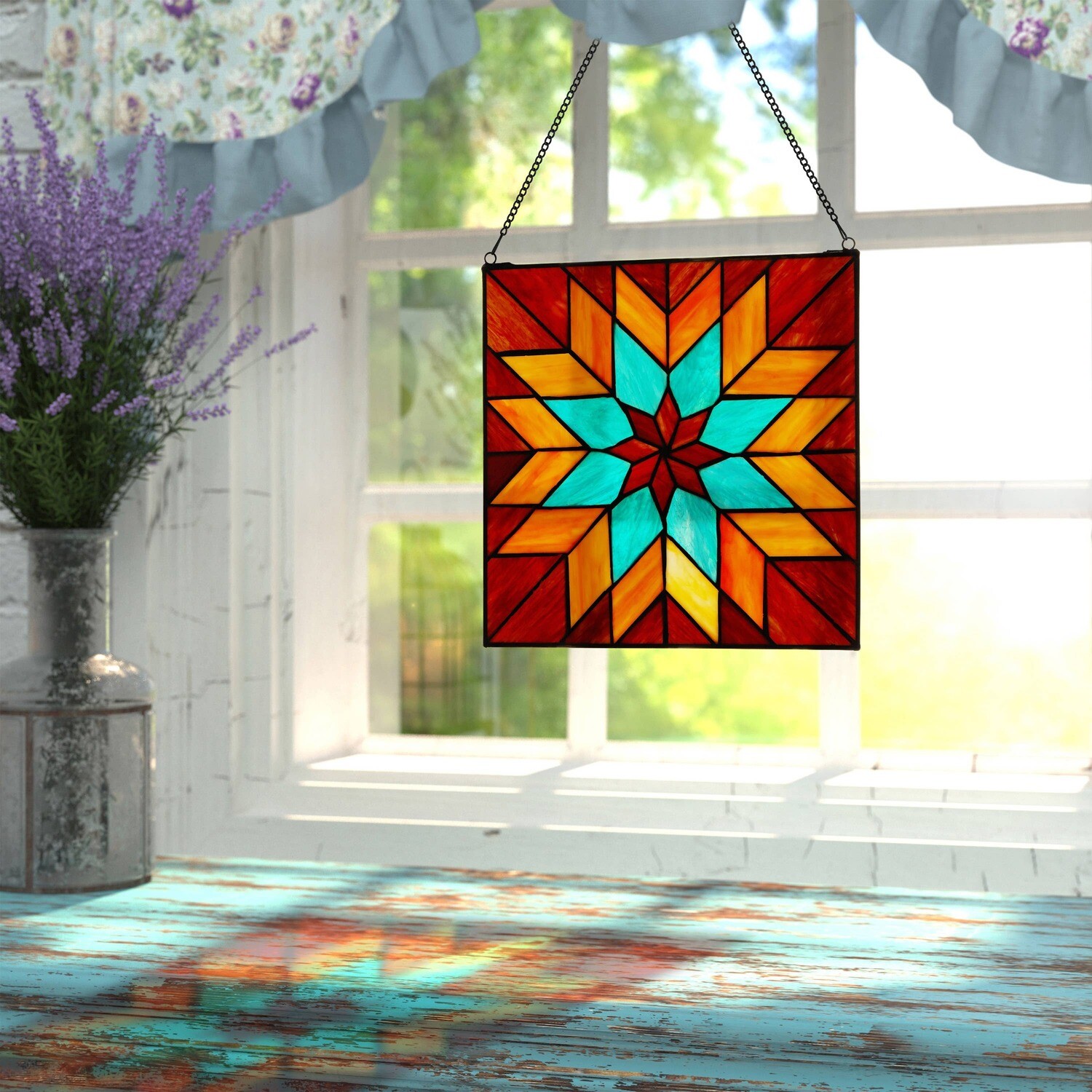 12&quot;H Red &amp; Teal Quilt Square Stained Glass Window Panel