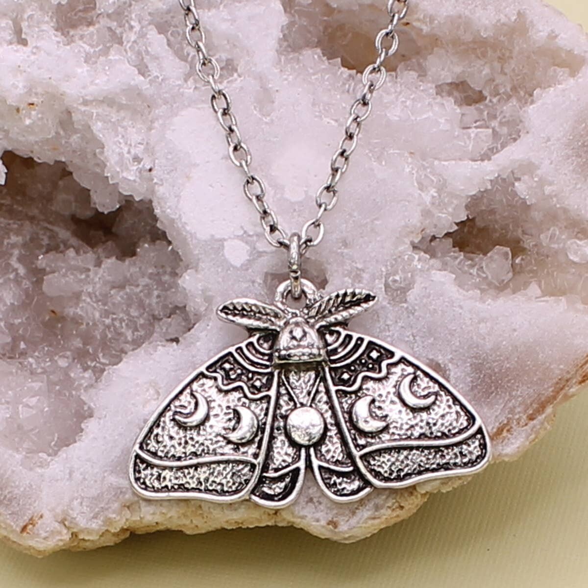 Lunar Phases Silver Luna Moth Necklace