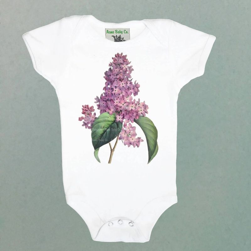 Lilac Flowers One Piece Baby Bodysuit: 6 Month, Organic White, Short Sleeve