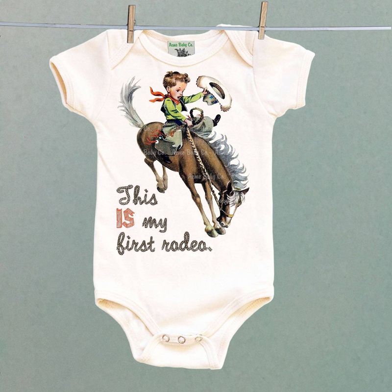 First Rodeo Buckaroo Onesie One Piece Baby Bodysuit: 6 months, Organic natural, Short sleeve