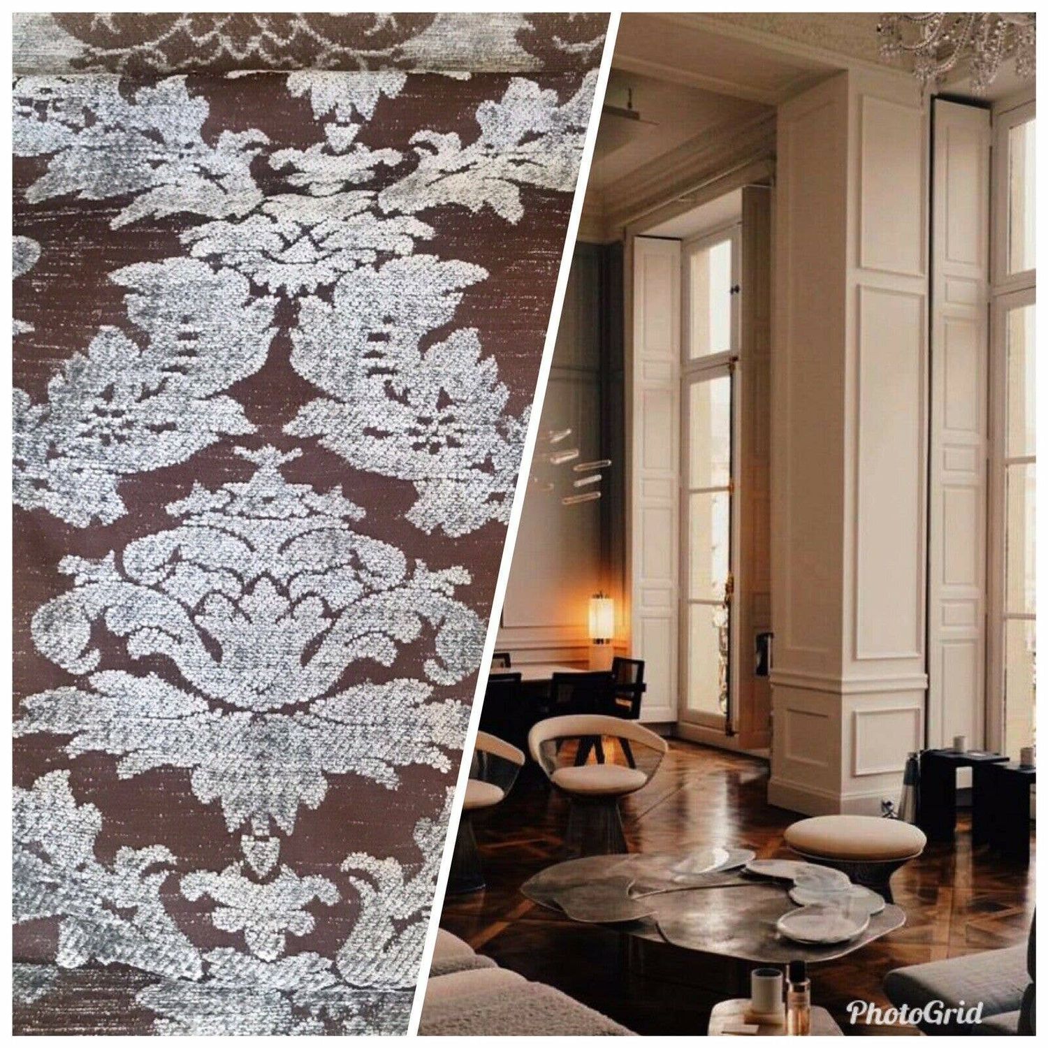 Lady Danielle Designer Velvet Chenille Burnout Damask Upholstery Fabric - Brown Silver Grey: By the Yard (Cut Continuously)