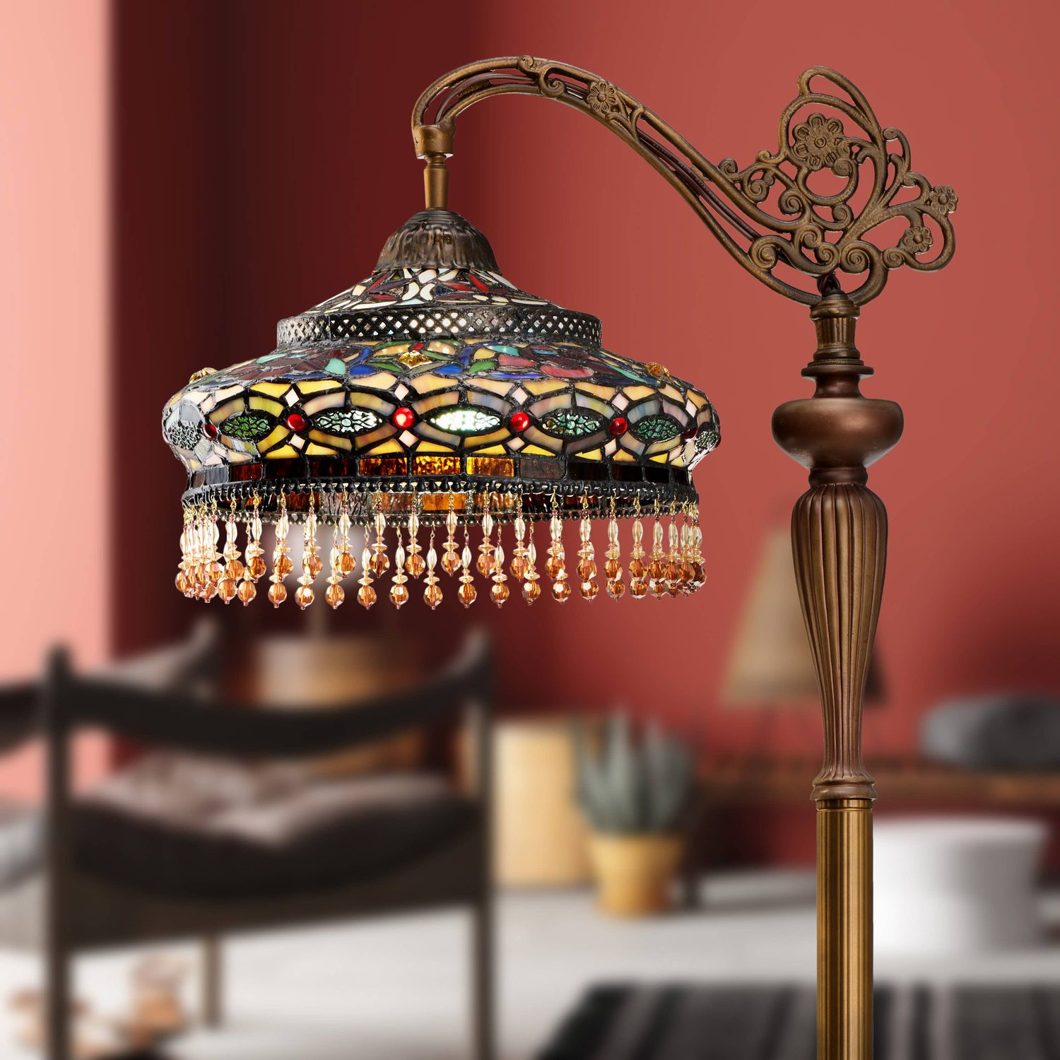 59"H Parisian Tiffany Stained Glass Umbrella Floor Lamp