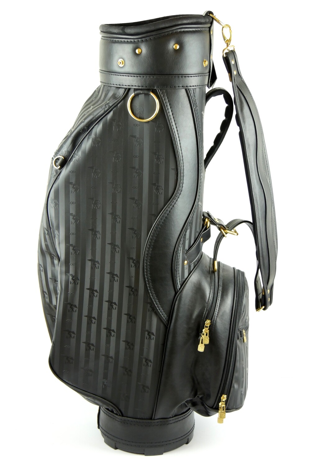 Maison Mollerus Golfbag in Schwarz-Gold / Zustand 3 – aussen und/oder innen deutliche Gebrauchsspuren