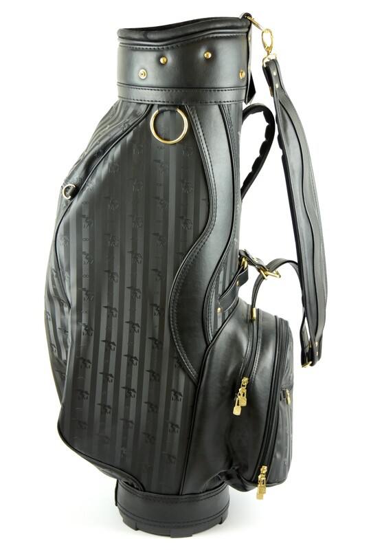 Maison Mollerus Golfbag in Schwarz-Gold / Zustand 3 – aussen und/oder innen deutliche Gebrauchsspuren