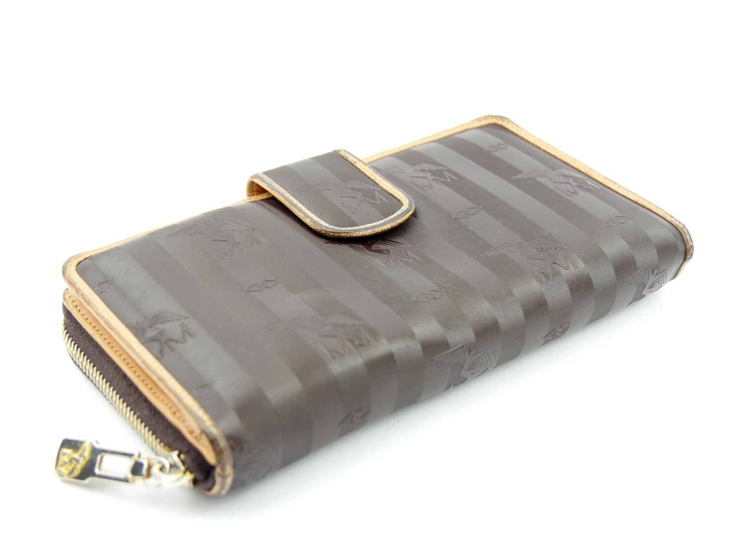Maison Mollerus Vinerus Canvas Portemonnaie MATTERHORN Beige-Braun-Gold / Zustand: 3 – aussen und/oder innen deutliche Gebrauchsspuren