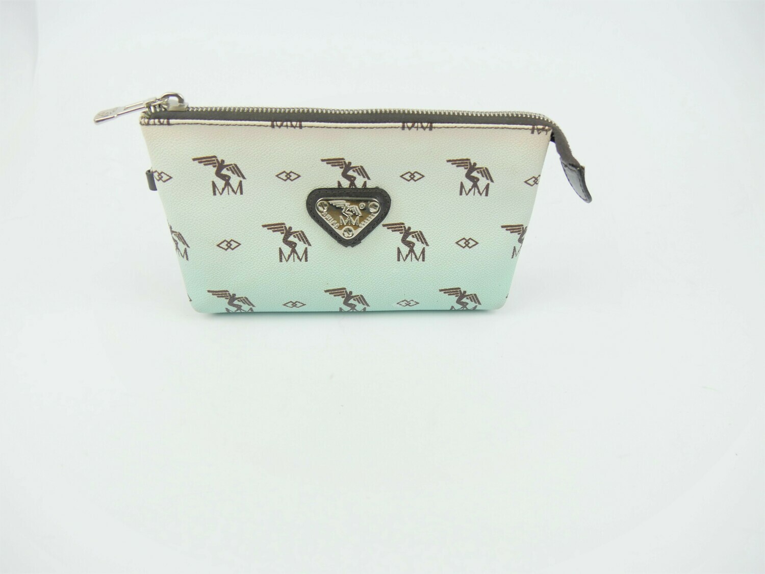 Maison Mollerus Vinerus Necessaire / Pochette in Creme-Hellblau (Farbverlauf)-Silber / Zustand: 3 – aussen und/oder innen deutliche Gebrauchsspuren