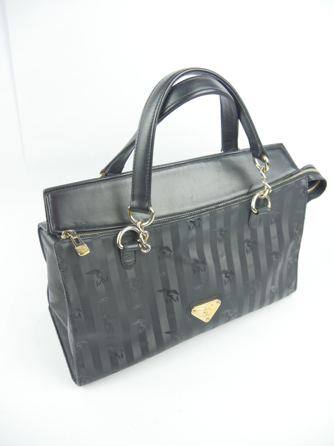 Maison Mollerus Vinerus Canvas Handtasche / Umhängetasche in Schwarz – Gold / Zustand 3 – aussen und/oder innen deutliche Gebrauchsspuren