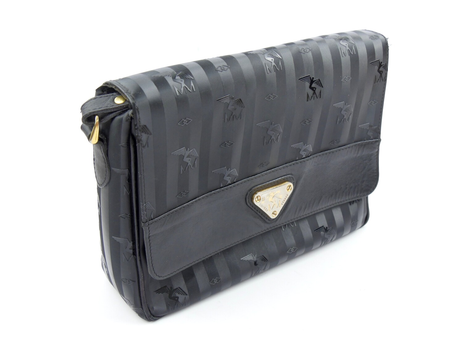 Maison Mollerus Umhängetasche / Crossbody-Tasche in Schwarz – Silber (vorm. Gold) / Zustand 3 – aussen und/oder innen deutliche Gebrauchsspuren