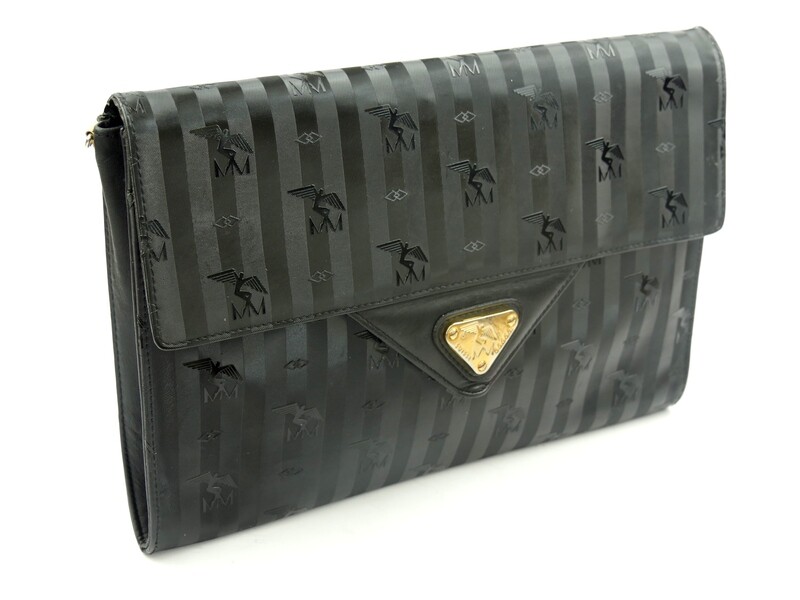 Maison Mollerus Vinerus Canvas Aktentasche / Clutch in Schwarz-Gold / Zustand 3 – aussen und/oder innen mit deutlichen Gebrauchsspuren